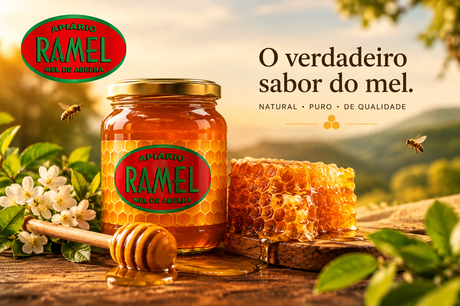 Mel com Favo do Apiário Ramel: pote com favo sobre mesa de madeira